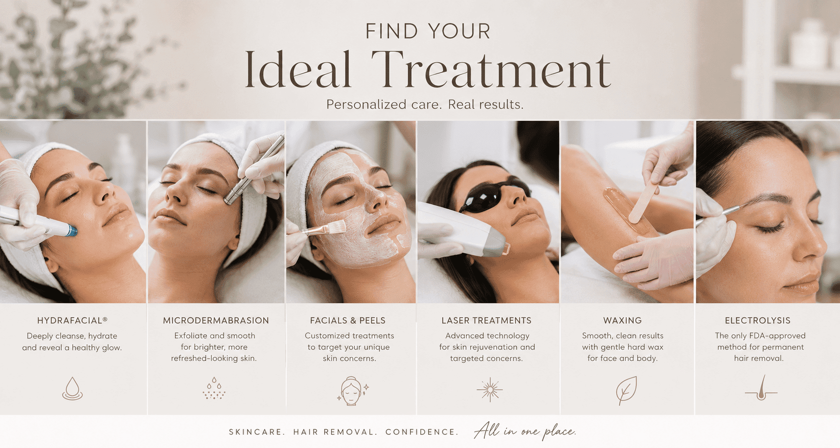 Skincare treatments: hydrafacial, microdermabrasion, facials, laser, waxing, and electrolysis.