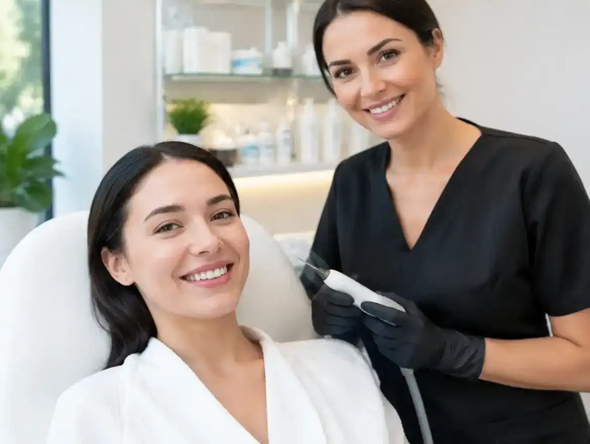 Two people in a spa. One holds a skincare device, both smiling at the camera.