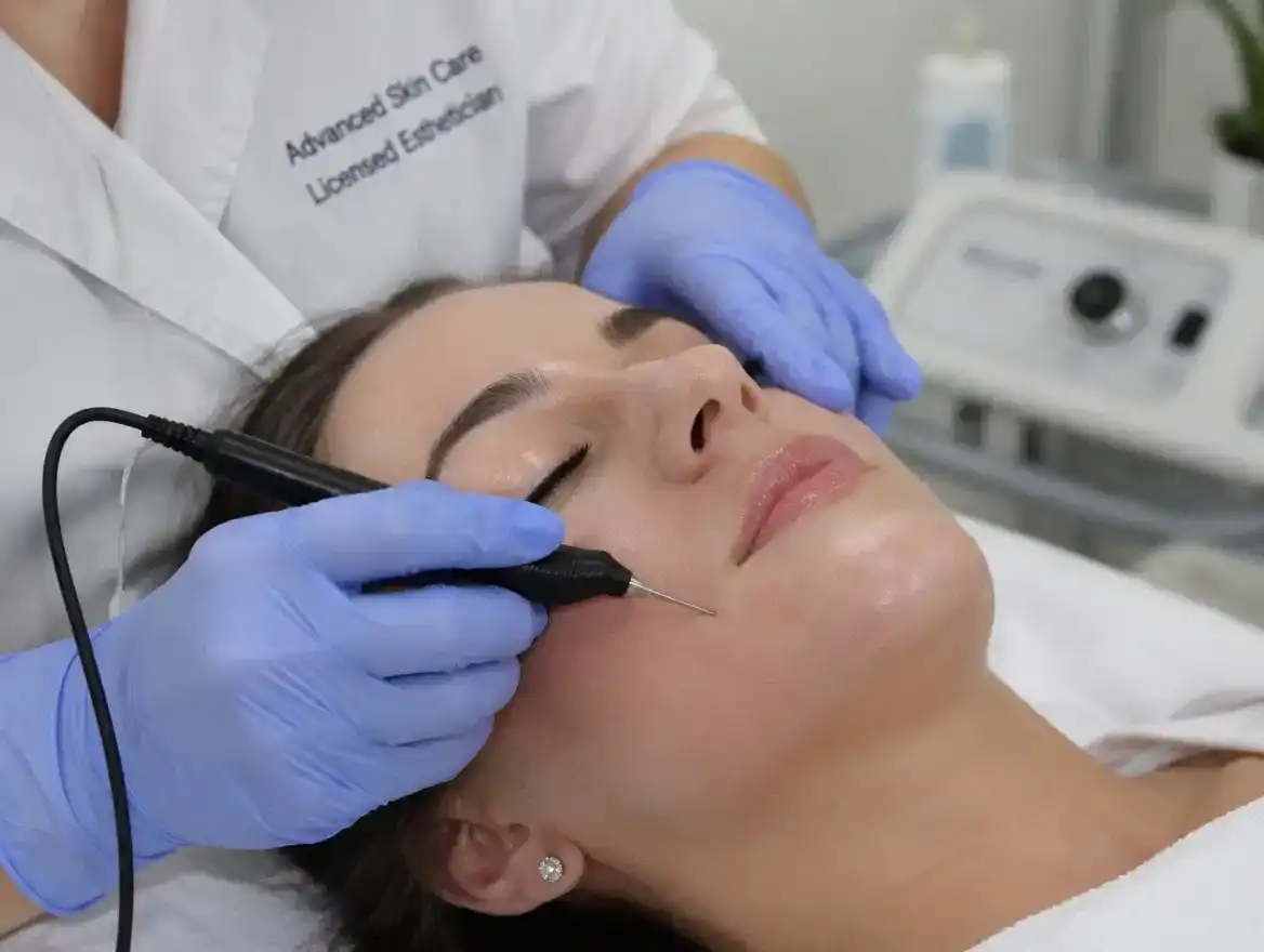 Facial treatment in progress at a skincare clinic. esthetician uses a tool on client's face.