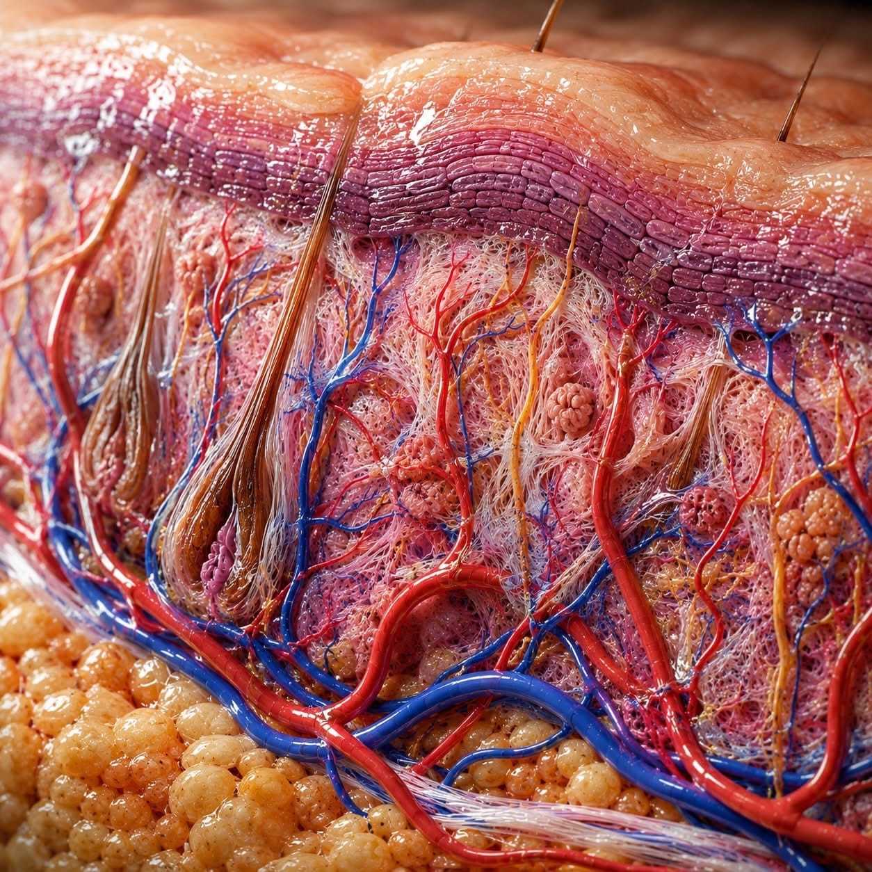 Cross-section of human skin showing layers, hair follicles, nerves, and blood vessels.