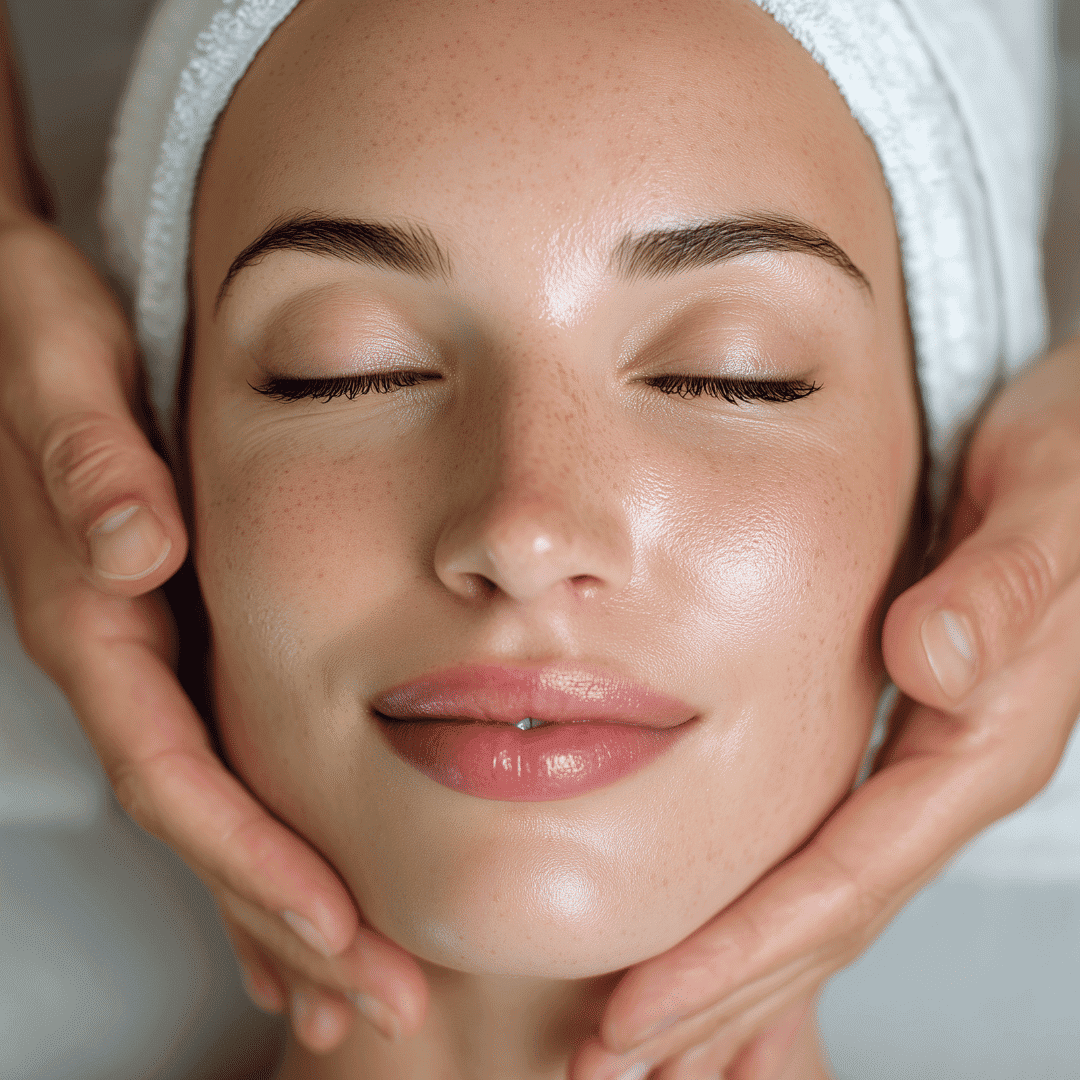 A woman enjoying a facial treatment with hands gently holding her face, eyes closed.
