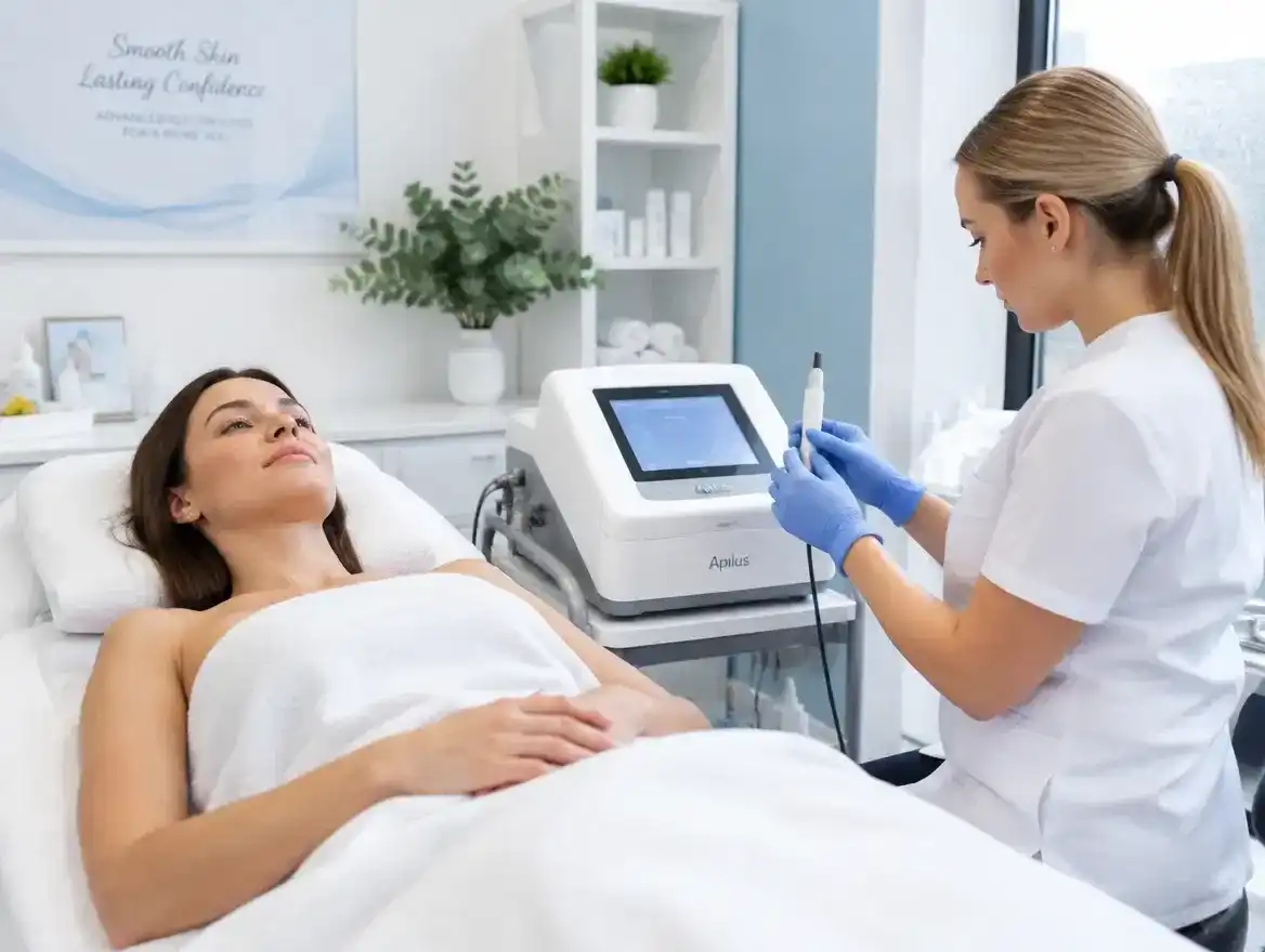 Spa treatment with a woman receiving a facial from a skincare professional using modern equipment.