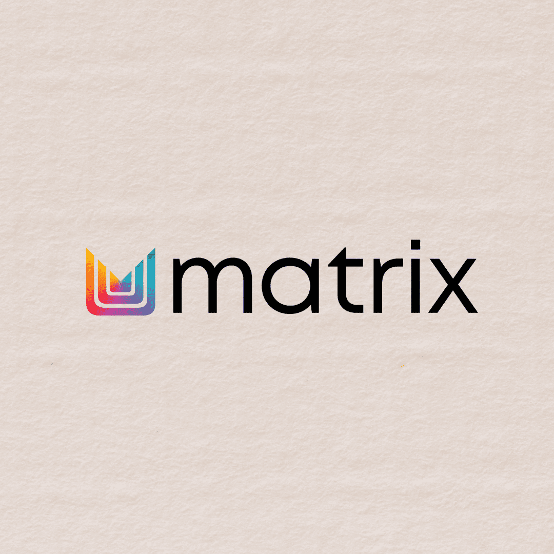 Colorful logo of the word "matrix" on a textured beige background.