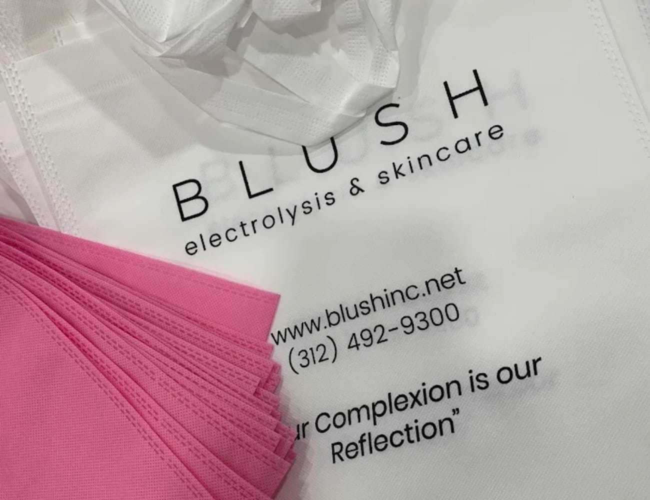 Blush Electrolysis & Skincare bag with website and contact, alongside pink fabric swatches.