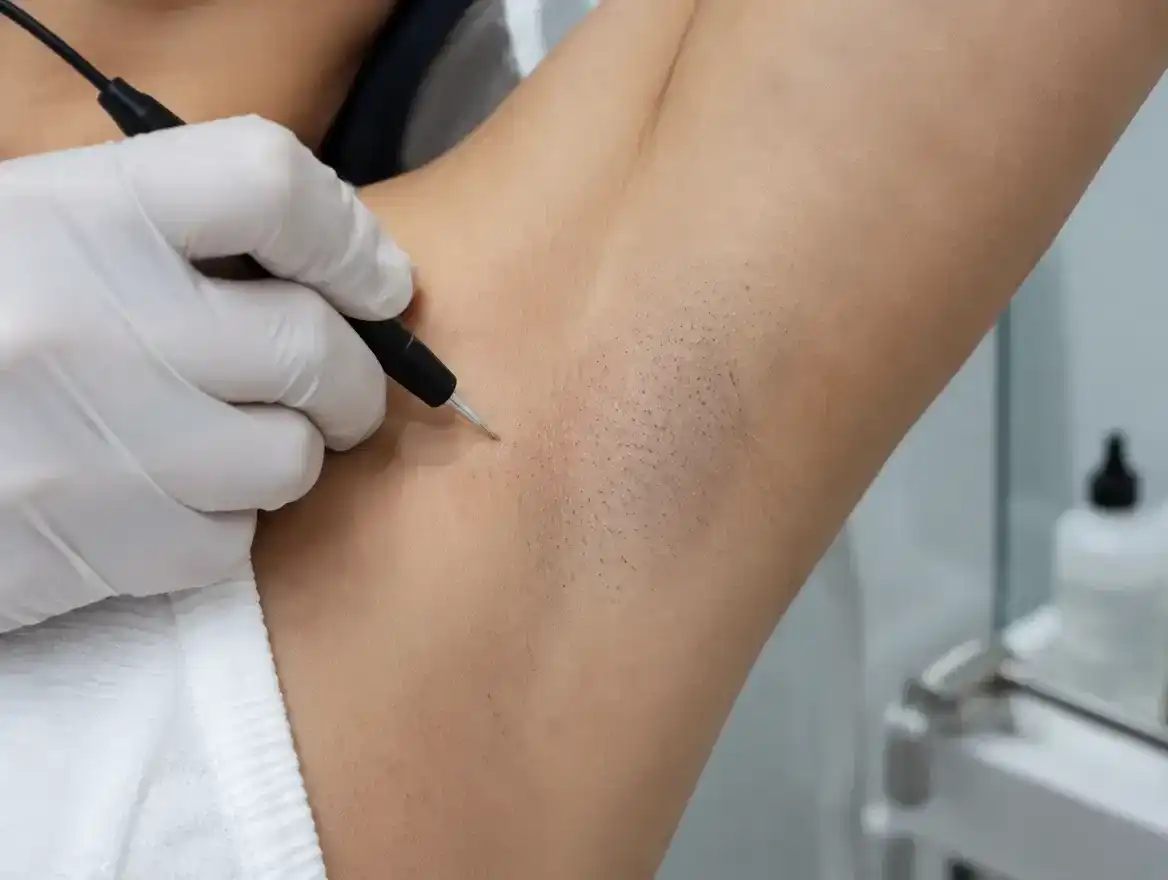Electrolysis hair removal on underarm, gloved hand holding a device.